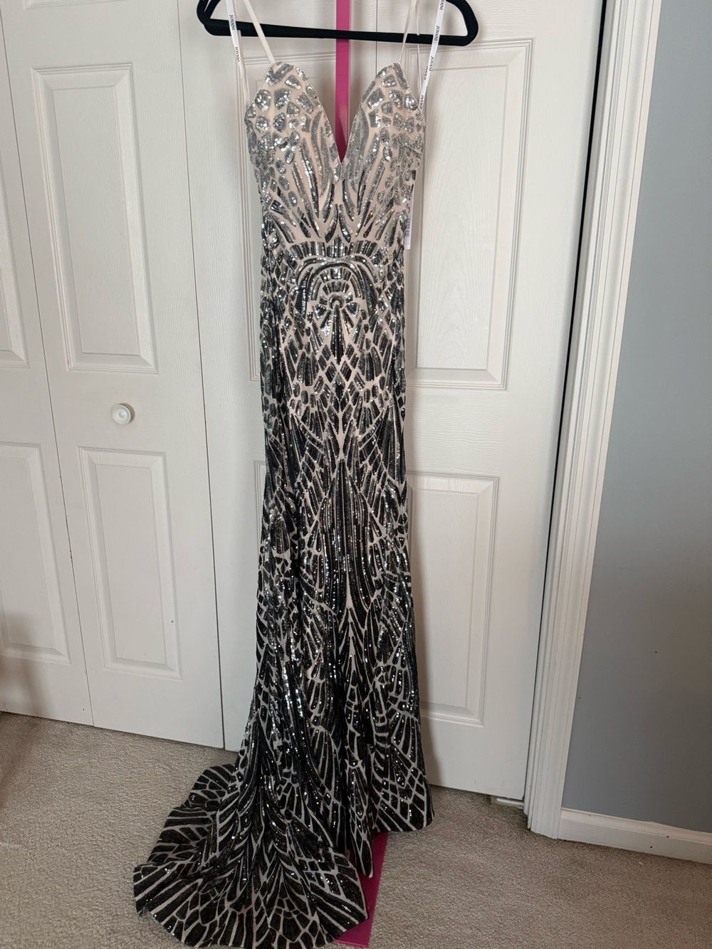 Jovani Silver Sequin Plunging V-Neck Evening Gown